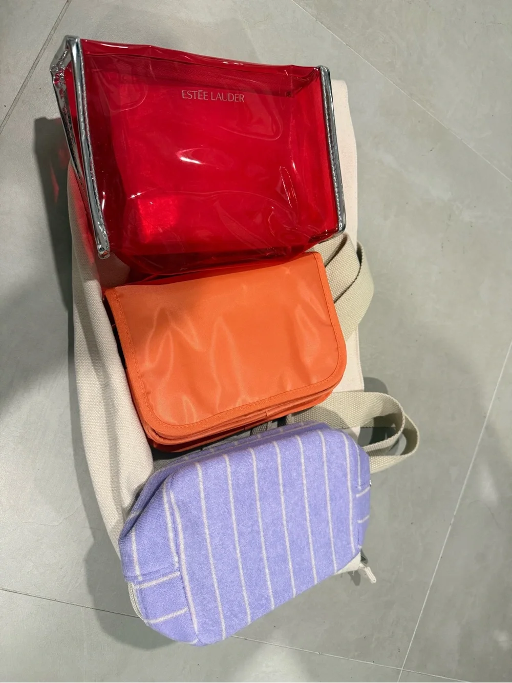 Natural Canvas Origins Tote with White Logo and 3 makeup bags